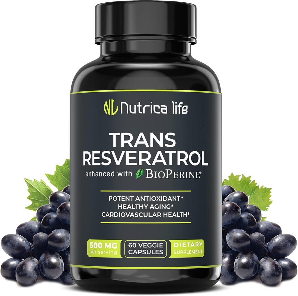 Trans Resveratrol Supplément 500mg Potent Anti Vieillissement Formule, puissant antioxydant pour la santé cardiaque et cellulaire, Suppléments booster cerveau avec biopérine, 60 capsules végétaliennes