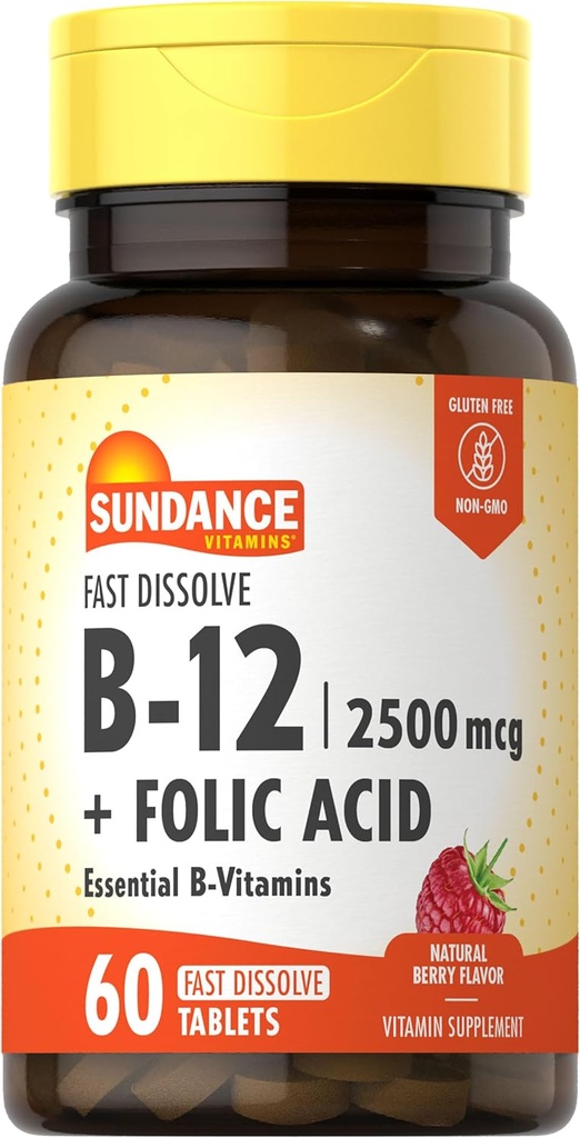 Sundance Fast Dissolve Vitamin B-12 | with Folic Acid | 2500mcg | 60 Count | Natural Berry Flavor | Vegetarian, Non-GMO, and Gluten Free Supplement