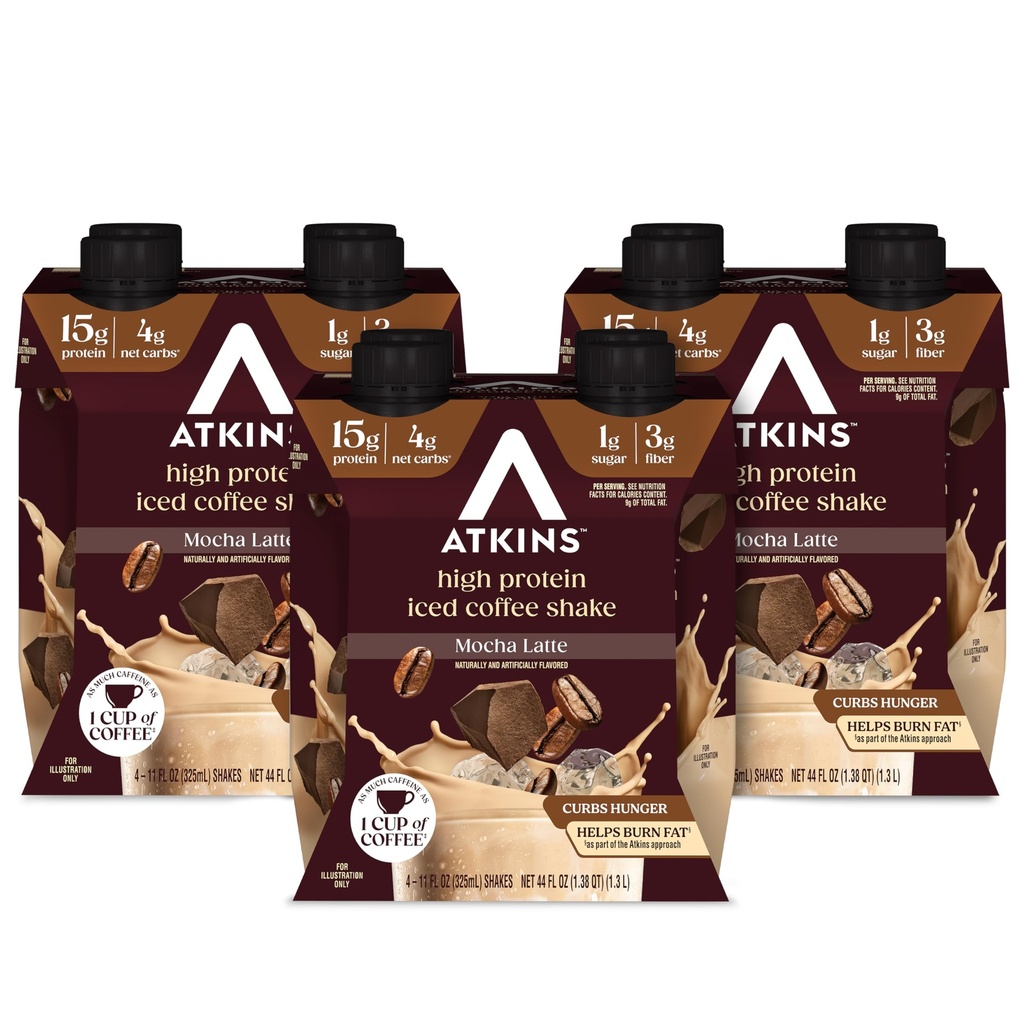 Atkins Mocha Latte Iced Coffee arvored Protein Shake, haute protéine, faible glycémie, faible glucides et faible sucre Shakes, Kéto-friendly, 12 Pack