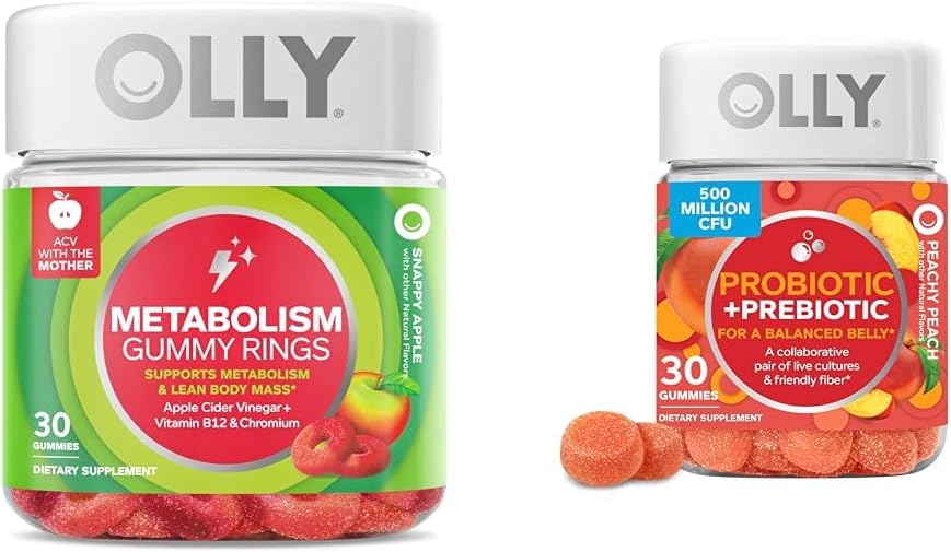Métabolisme OLLY Anneaux gommy, vinaigre de cidre de pomme, vitamine B12, chrome et probiotique + Gummy prébiotique, soutien digestif et santé gustative, 500 millions d'UFC, fibre