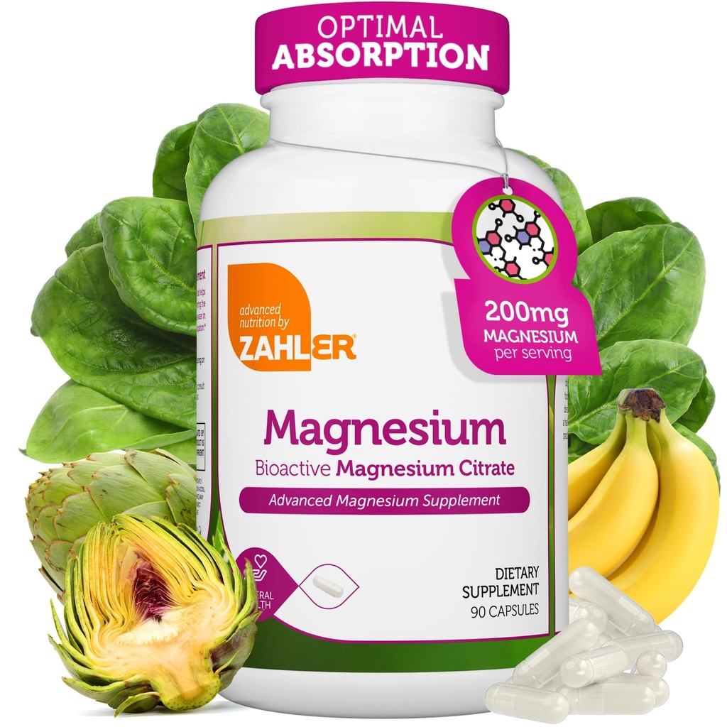 Zahler - Capsules de supplément de magnésium 200 mg (90 comte) Citrate de magnésium bioactif certifié Kosher pour absorption maximale - Minéral de magnésium naturel pour les hommes et les femmes - Meilleurs suppléments de magnésium