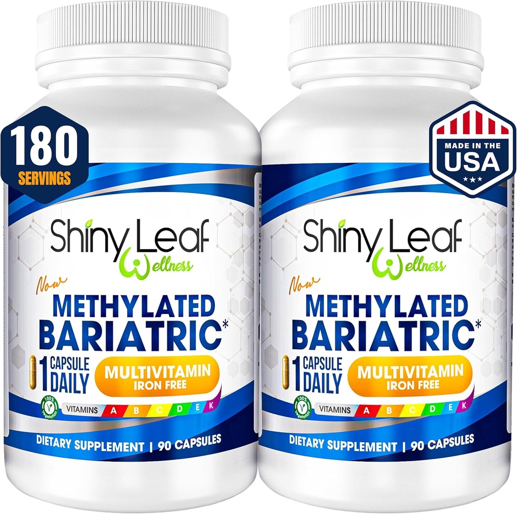Feuille brillant multivitamine bariatrique méthylée sans fer – Vitamines pour le passage gastrique & Manche, 1 Capsule quotidienne W Folate méthylé, B12, A, C, D, K & plus. Végétarien, Sans soja, États-Unis Fabriqué (180 Ct.)