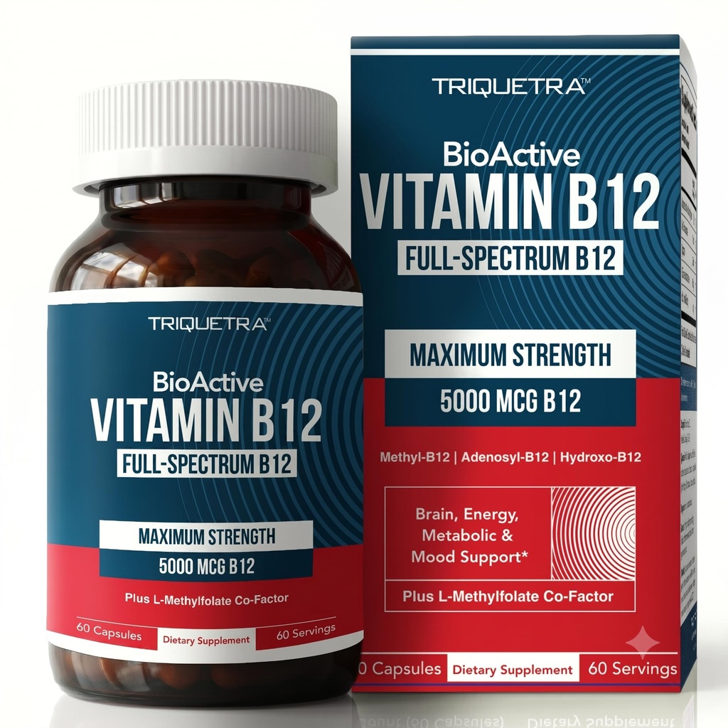 Vitamine bioactive B12 - 5000 mcg, contient 3 formes bioactives B12 Plus Cofacteur méthylfolié - Méthyl B12, Adenosyl B12 et Hydroxy B12 , supporte l'énergie, le métabolisme et l'humeur , Vegan, non-OGM (60 portions)