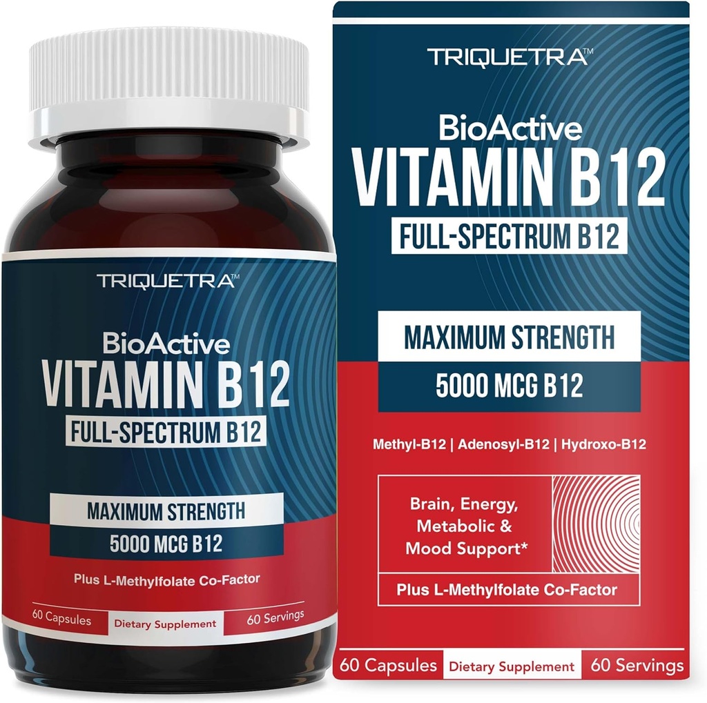 Vitamine bioactive B12 - 5000 mcg, contient 3 formes bioactives B12 Plus Cofacteur méthylfolié - Méthyl B12, Adenosyl B12 et Hydroxy B12 , supporte l'énergie, le métabolisme et l'humeur , Vegan, non-OGM (60 portions)