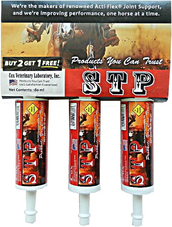 Pâte orale STP pour chevaux. Aide à soulager la douleur et l'inflammation. Très palatable. Ingrédients naturels et sûrs. Syringe facile. Trois paquets. Fourniture de 18 jours. Fabriqué aux États-Unis.