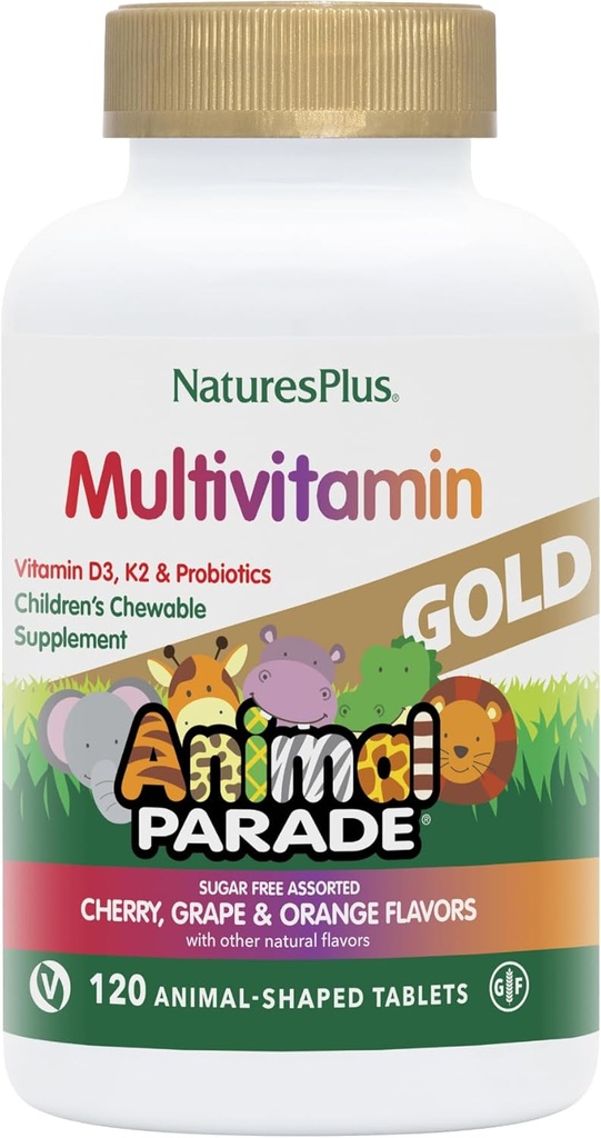 Natures Plus Parade animale Or Multivitamine pour enfants - 120 comprimés à croquer en forme d'animal - Assortiment de cerise, d'orange et de raisins - Vegan, sans gluten - 60 portions totales