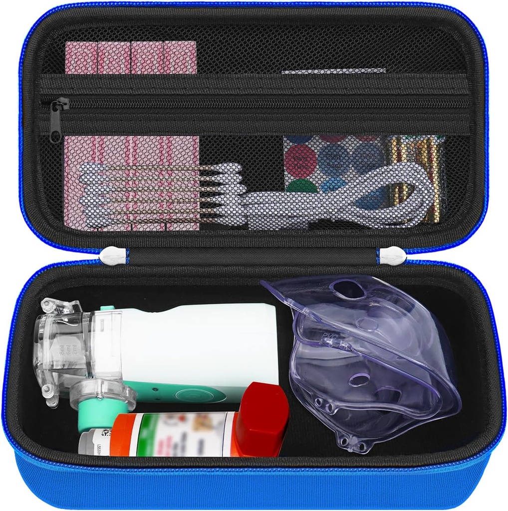 HESTECH étui de transport dur pour l'inhalateur d'asthme pour l'espaceur d'inhalateur, masque, porte-inhalateur Sac d'asthme avec poche en mesh pour solution saline et autres essentiels, bleu (cas seulement)