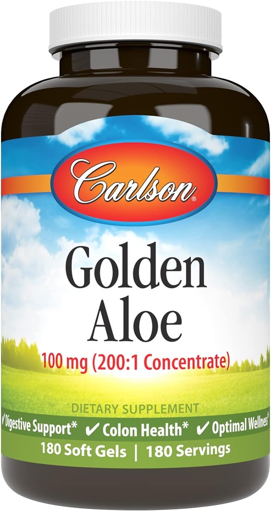 Carlson - Golden Aloe, 100 mg (200:1 Concentrate), Soutien digestif et santé des colonies, Bien-être optimal, 180 Softgels