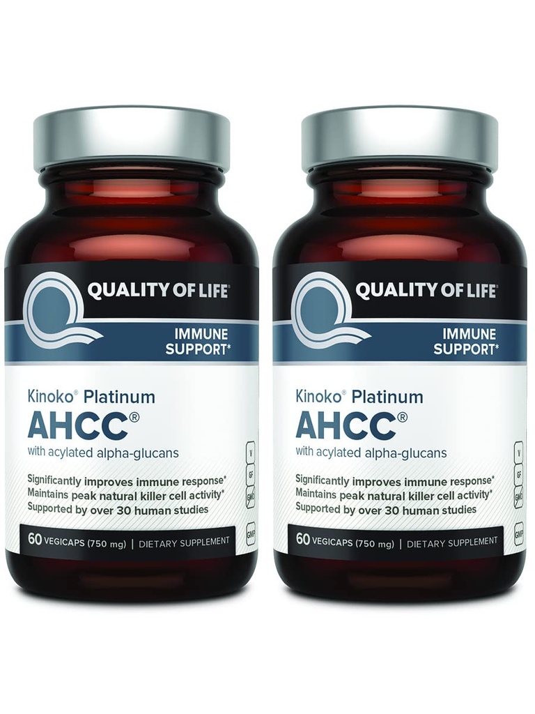 Qualité de vie AHCC Kinoko Platinum 750 mg – Supplément de soutien immunitaire Premium - Pack de 2, 60 bouteilles de comptage