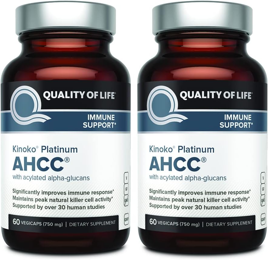 Qualité de vie AHCC Kinoko Platinum 750 mg – Supplément de soutien immunitaire Premium - Pack de 2, 60 bouteilles de comptage