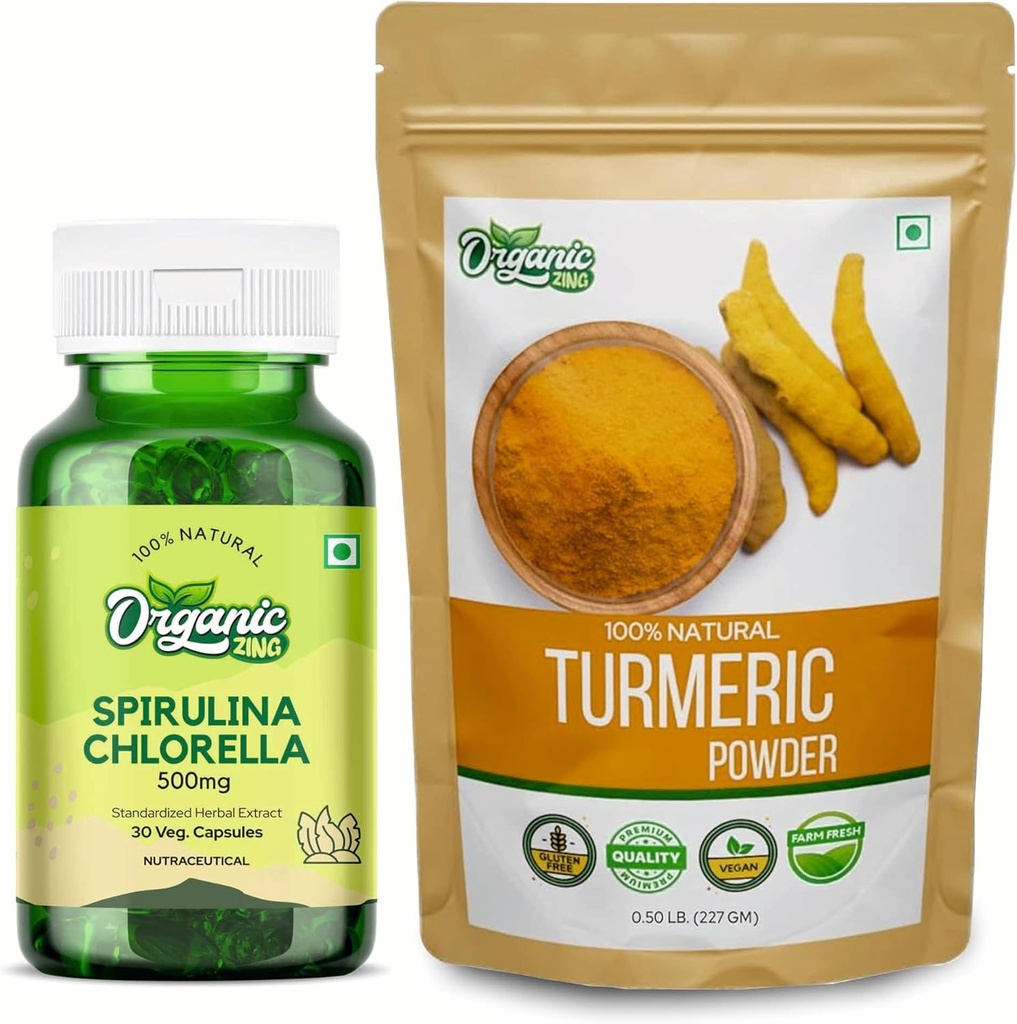 ZING ORGANIQUE Spiruline Chlorelle- 30Cap et poudre curcuma- 227g