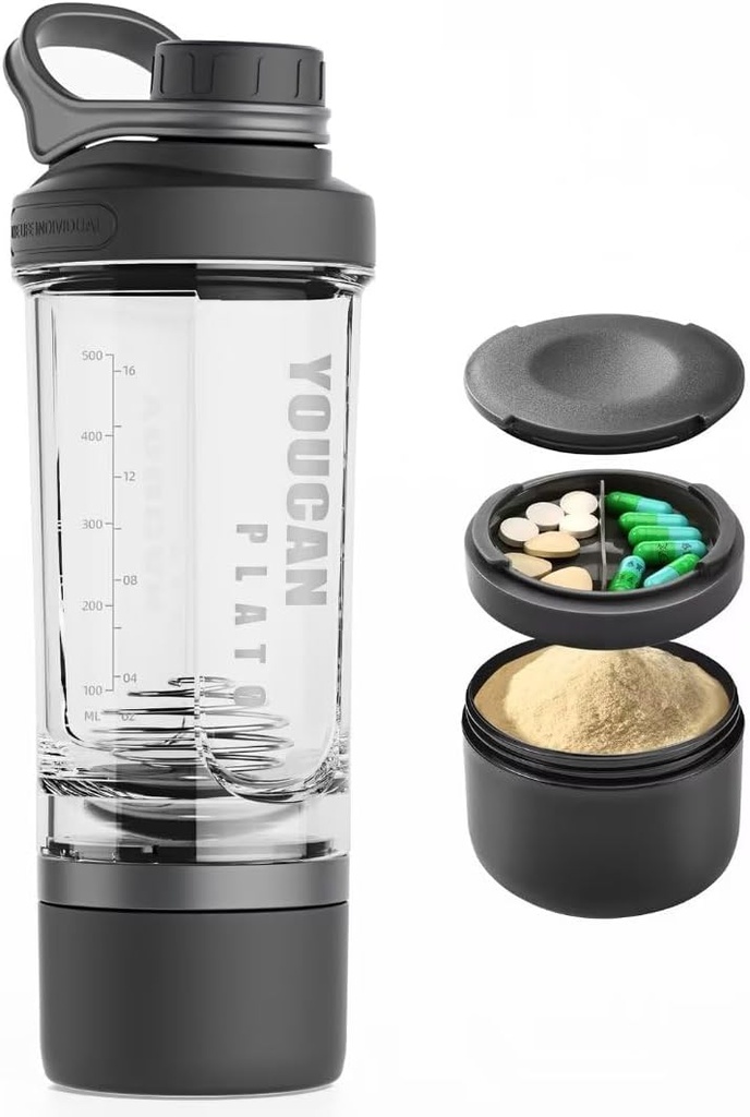 Bouteille de shaker protéinique de 21 oz avec récipient de stockage en poudre - Bouteilles de shaker pour shakes protéiniques -Bouteille d'eau de sport Mixer-Gym -Fabriqué avec Tritan BPA sans, avec boules de fouet de fil (noir)