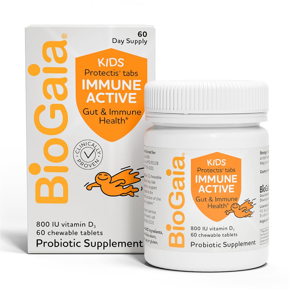 BioGaia Immune Enfants actifs : Probiotique + vitamine D pour la santé digestive et immunitaire : 3 ans et plus Allergène, laiterie, soja et sans gluten : confiance des pédiatres : 60 jours d'approvisionnement