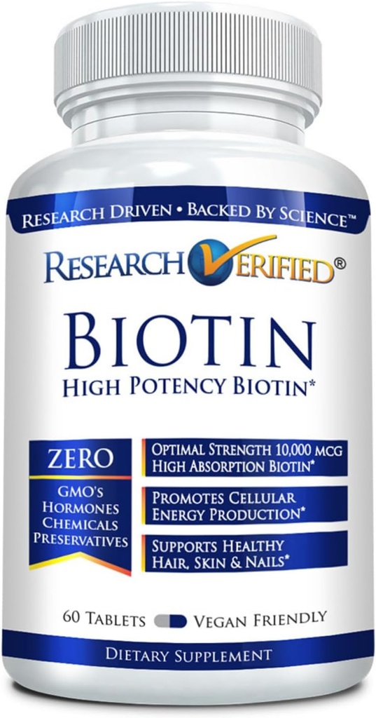 Recherche Biotine Vérifiée – Pure Biotine Extra Strength 10 000mcg pour une meilleure santé des cheveux, de la peau et des ongles - 60 comprimés végétaliens fabriqués aux États-Unis