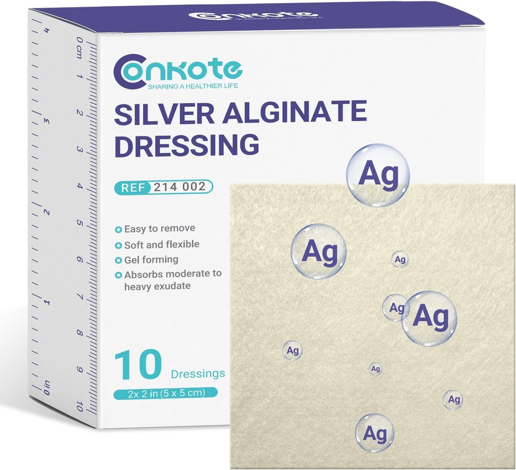 Conkote Argent Alginate Wound Dressing Pads 2=2 x 2=10, 10 Pack, Patchs Ag de padding nonick, très absorbant pour l'ulcère de pression, la plaie de lit et l'ulcère diabétique du pied