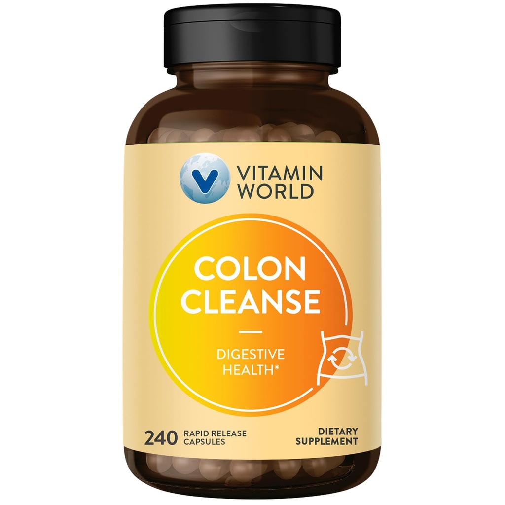 Vitamine World Colon Cleanse - 240 Capsules, Gut Detox avec Psyllium Husk, Senna, Probiotiques, Dietary Fiber & Herbal Blend – soutient le soulagement de la constipation, la santé digestive et la régularité, sans gluten