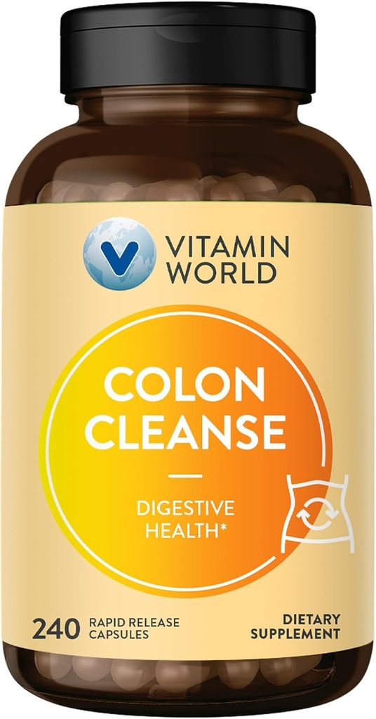 Vitamine World Colon Cleanse - 240 Capsules, Gut Detox avec Psyllium Husk, Senna, Probiotiques, Dietary Fiber & Herbal Blend – soutient le soulagement de la constipation, la santé digestive et la régularité, sans gluten