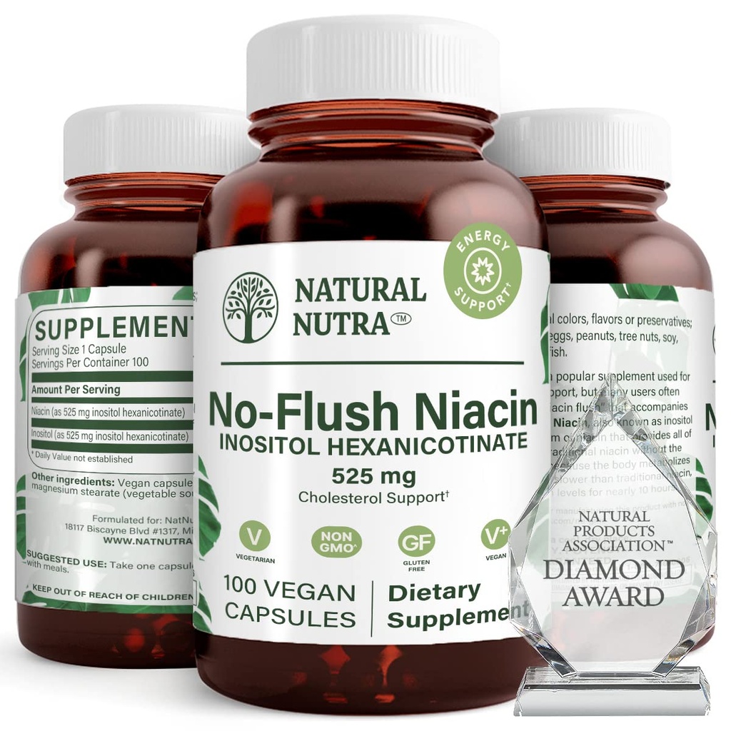 Nutra naturel sans flush Niacine, supplément de vitamine B3, aide à améliorer la santé cardiovasculaire, aide à améliorer la texture de la peau, favorise une meilleure fonction cérébrale, aide à stimuler le niveau d'énergie 525 mg, 100 capsules