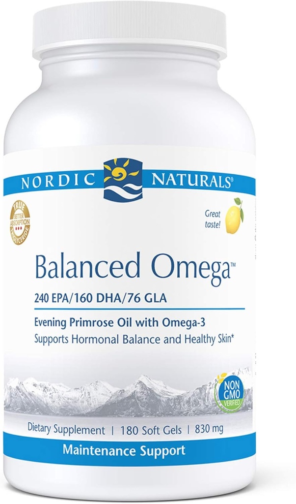Nordic Naturals Pro Balanced Omega - Fish Oil and Evening Primrose Oil, 240 mg EPA, 160 mg DHA, 76 mg GLA, Supports Hormonal Balance and Healthy Skin*, 180 Soft Gels