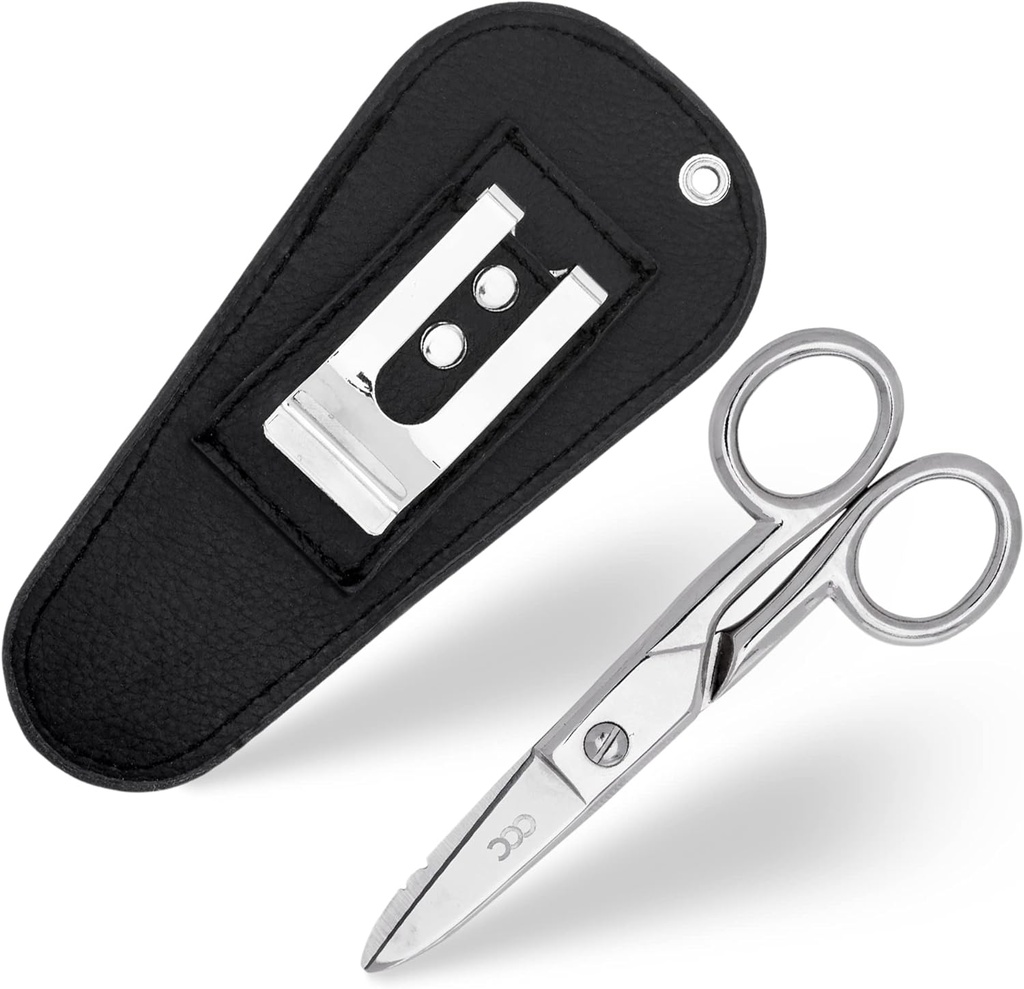 Ciseaux électriciens à usages multiples avec pochette de transport en cuir - Poignées électriques en acier inoxydable à usage lourd avec encoches à rayures, fichiers et grattoirs - Nos extraits sont pour usage à la main droite et gauche – Noir