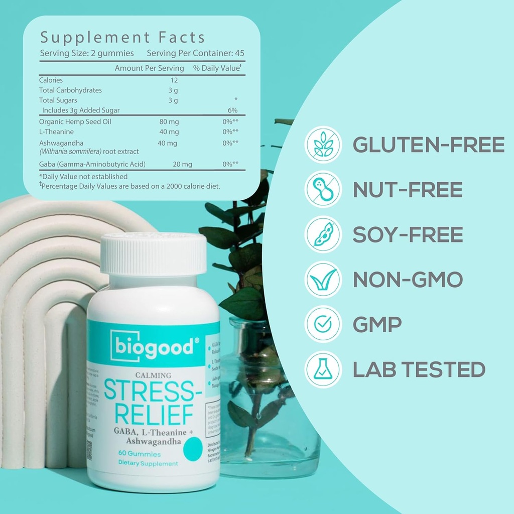 Soulagement du stress avec Ashwagandha + L-Theanine, GABA, 60 Gummies