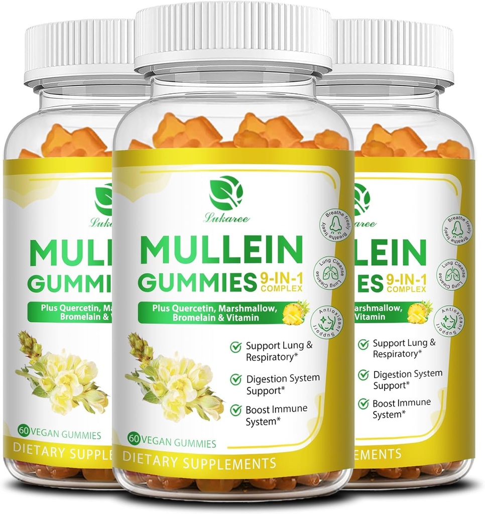 (3 Pack) 9 in 1 Mullein Gummies for Lung Cleanse & Detox, Extra Strength Mullein Leaf Extract w/Quercetin, Bromelain, Elderberry & Marshmallow for Respiratory, Immune & Digestive, Vegan,180 Count