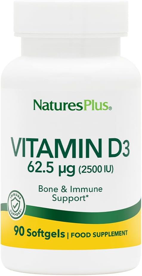 NaturesPlus Vitamine D3 (Cholecalciferol) - 2500 iu, 90 Softgels - Supplément de soutien pour la santé des os, la santé cardiaque et le système immunitaire, forme active biodisponible - Sans gluten - 90 portions