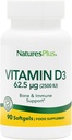 NaturesPlus Vitamine D3 (Cholecalciferol) - 2500 iu, 90 Softgels - Supplément de soutien pour la santé des os, la santé cardiaque et le système immunitaire, forme active biodisponible - Sans gluten - 90 portions