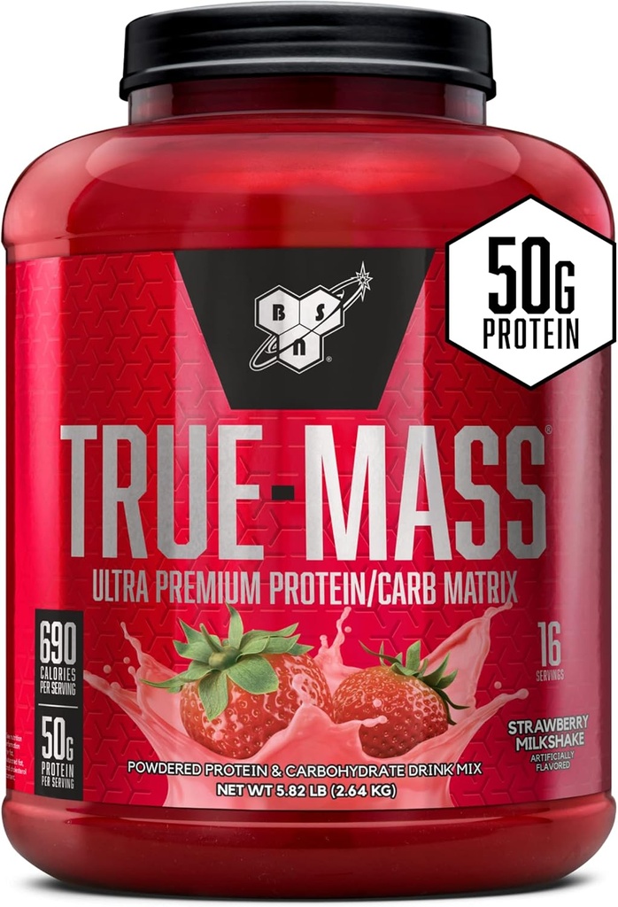 BSN TRUE-MASS Weight Gainer, Muscle Mass Gainer Protein Powder, Strawberry Milkshake, 5.82 Pound