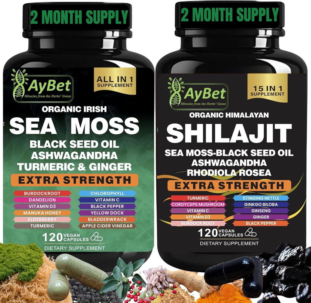 Sea Moss Shilajit Combo Bundle Capsule, Black Seed Oil, Ashwagandha, Rhodiola Rosea, Burdock, Turmeric, Ginger, VitC, VitD3, Tous en un seul supplément, 240 Capsules, Halal, Vegan, USDA Organic