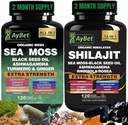 Sea Moss Shilajit Combo Bundle Capsule, Black Seed Oil, Ashwagandha, Rhodiola Rosea, Burdock, Turmeric, Ginger, VitC, VitD3, Tous en un seul supplément, 240 Capsules, Halal, Vegan, USDA Organic