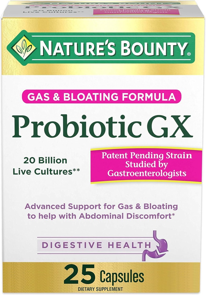 Nature's Bounty Probiotic GX, aide avec le gaz occasionnel et le gonflement, supplément alimentaire, santé digestive, 25 capsules