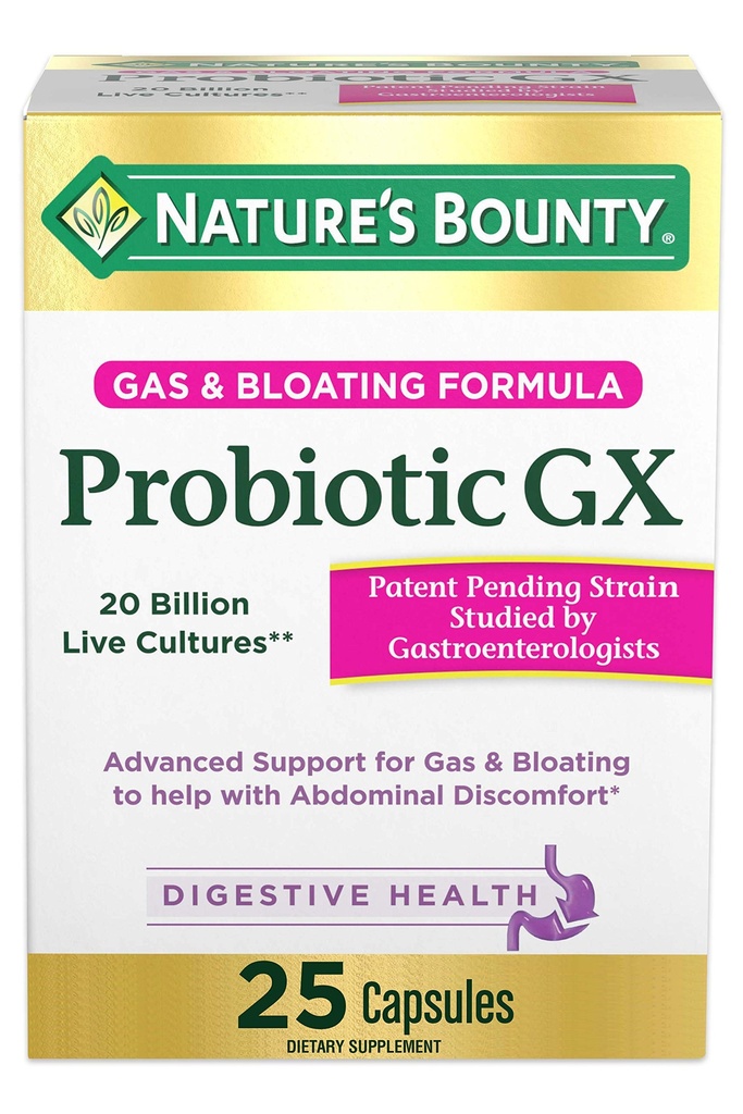 Nature's Bounty Probiotic GX, aide avec le gaz occasionnel et le gonflement, supplément alimentaire, santé digestive, 25 capsules