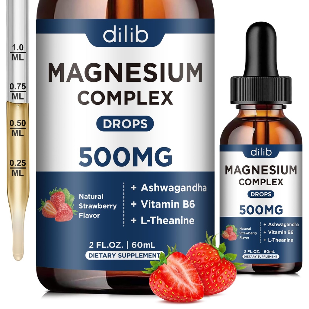 Supplément triple complexe de magnésium-glycinate de magnésium, citrate, gouttes liquides de malate 500mg avec Ashwagandha, L-Theanine, vitamine B6 pour le soulagement du stress, le sommeil, le soutien musculaire-flaveur de mûres