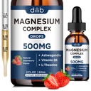 Supplément triple complexe de magnésium-glycinate de magnésium, citrate, gouttes liquides de malate 500mg avec Ashwagandha, L-Theanine, vitamine B6 pour le soulagement du stress, le sommeil, le soutien musculaire-flaveur de mûres