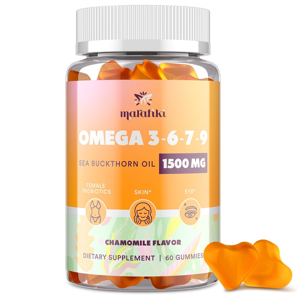 Omega 3 6 7 9 Gommies pour femmes - Supplément Omega 3 avec l'huile d'épine de mer, huile de lin, vitamines E, A et probiotiques - peau, yeux et sécheresse, camomille Saveur - 60 Gommies