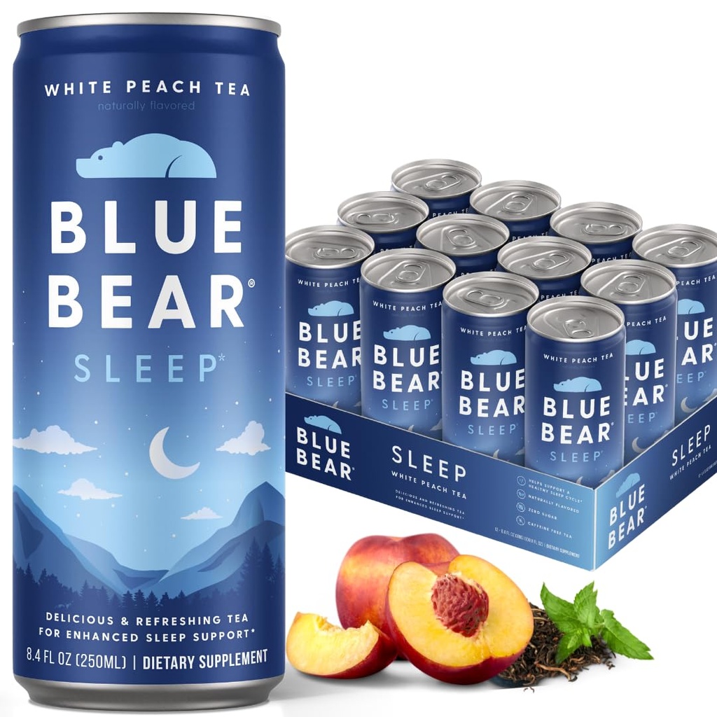 Blue Bear Melatonin Sleep Drink, Sleep Tea for Bedtime Support, White Peach Tea with Melatonin (5mg), Lavender, Ashwagandha, Chamomile, GABA, L-Theanine, Caffeine-Free, Zero Sugar, 8.4 Fl Oz 12-Pack