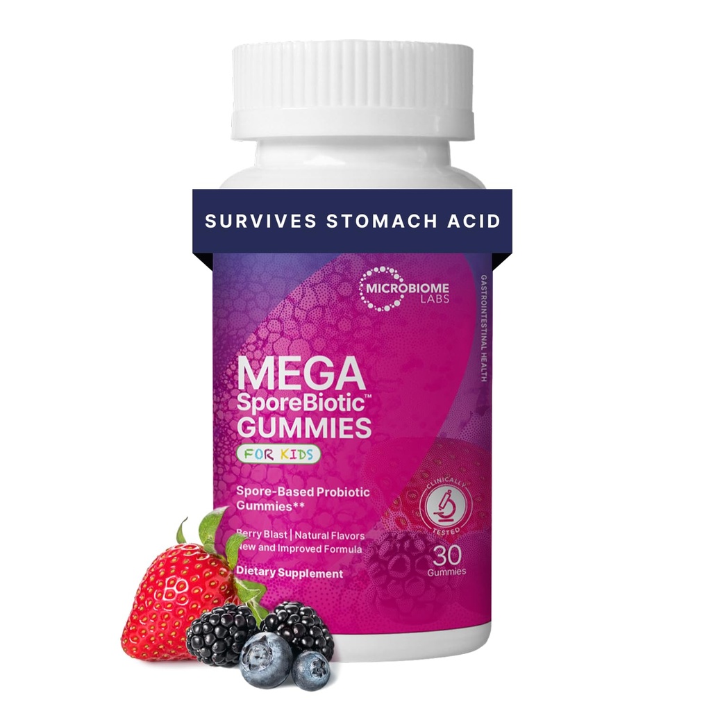Microbiome Labs MegaSporeBiotic Kids Probiotic - Probiotiques Gummy à base de spores pour les enfants - Soutient la santé et l'immunité Gut avec Bacillus Probiotic Blend - Berry Flavored (30 Gummies)