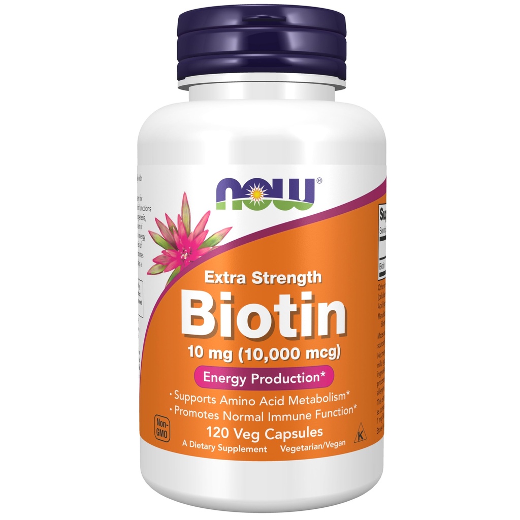 MAINTENANT Compléments alimentaires, Biotine 10 mg (10 000 mcg), Extra Force, Production d'énergie*, 120 Capsules de Veg