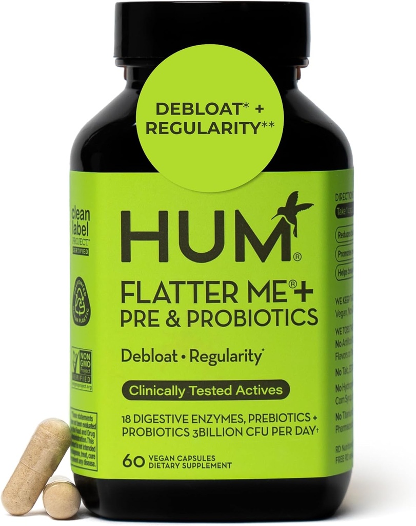 HUM Flatter Me Enzymes Digestifs Plus Prébiotiques et Probiotiques, Supplément de Bloating Santé Digestive pour les femmes et les hommes, Pilules Anti Bloat à Action Rapide Multi Enzyme pour Débloquer, Vegan, 60 Capsules
