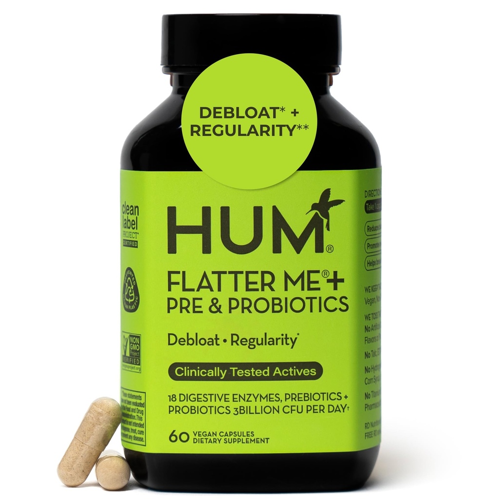 HUM Flatter Me Enzymes Digestifs Plus Prébiotiques et Probiotiques, Supplément de Bloating Santé Digestive pour les femmes et les hommes, Pilules Anti Bloat à Action Rapide Multi Enzyme pour Débloquer, Vegan, 60 Capsules