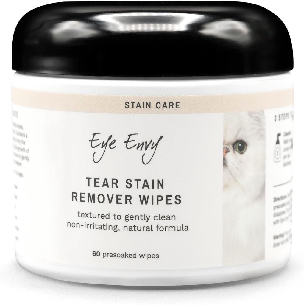 Envy yeux tacher les Wipes pour chats. Texturé à nettoyer doucement, traite la cause de la teinture. Formule 100% naturelle. Recommandé par Persan & Exotic Breeders, Vets, Groomers. USA Made. 60 Wipes pour yeux de chat