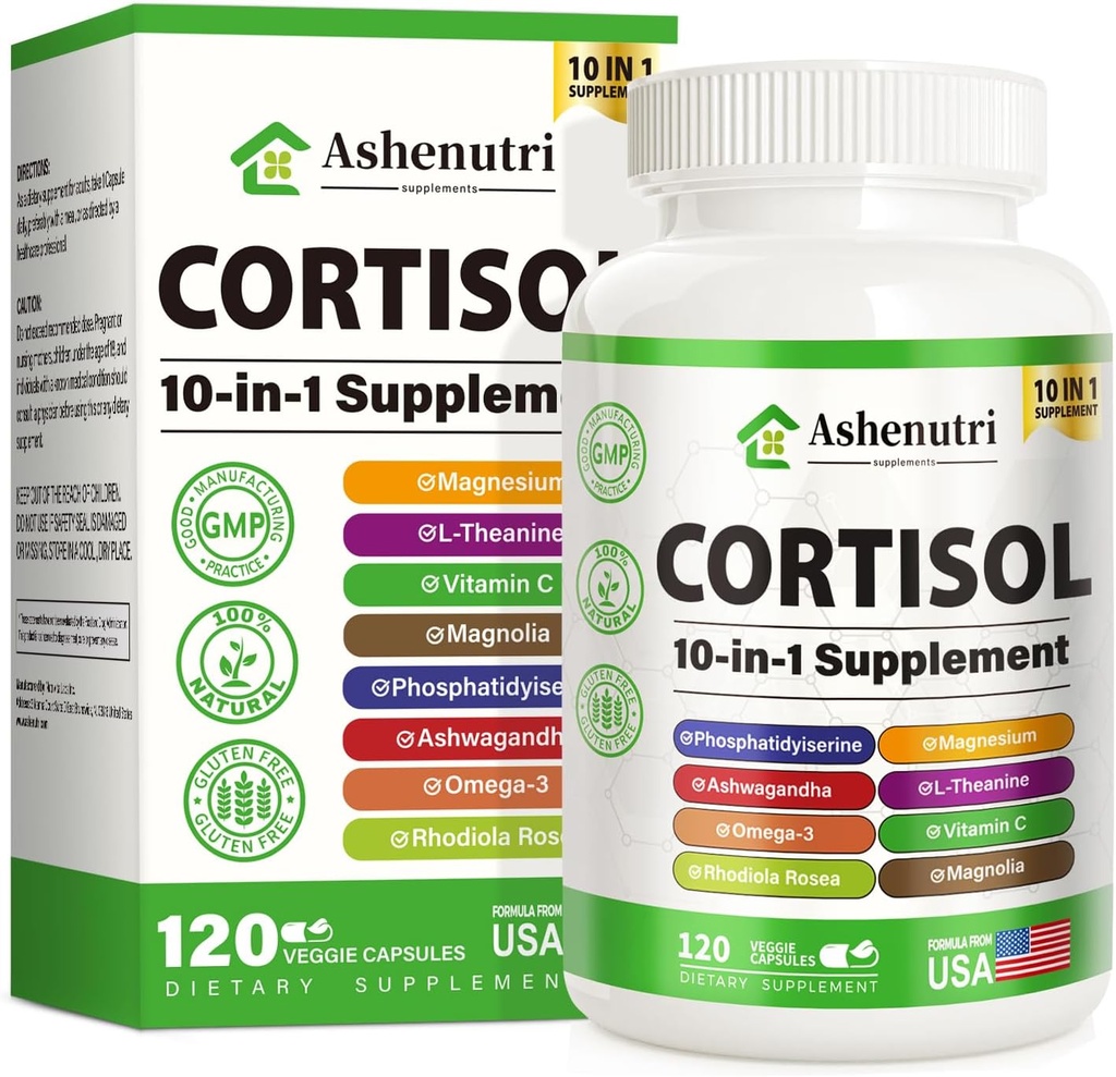 Supplément de cortisol 10-en-1 avec Magnésium,Ashwagandha,Rhodiola Rosea,L Theanine,Hormone Balance pour Femmes 120 Capsules Vegan