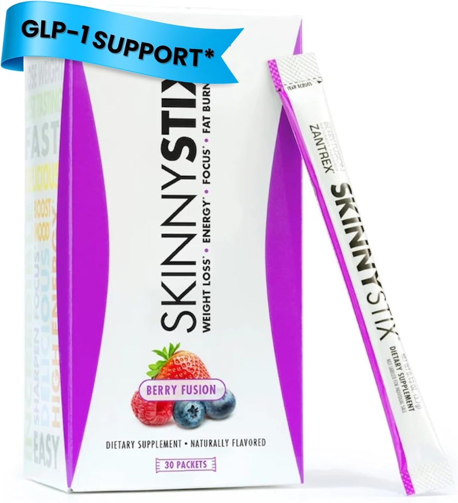 Zantrex SkinnyStix Poudre d'énergie – Perdre du poids, GLP-1, Suppresseur d'appétit, Boost Mood – 10 calories – Yerba Mate, Coffee Bean – 30 Stix, Berry