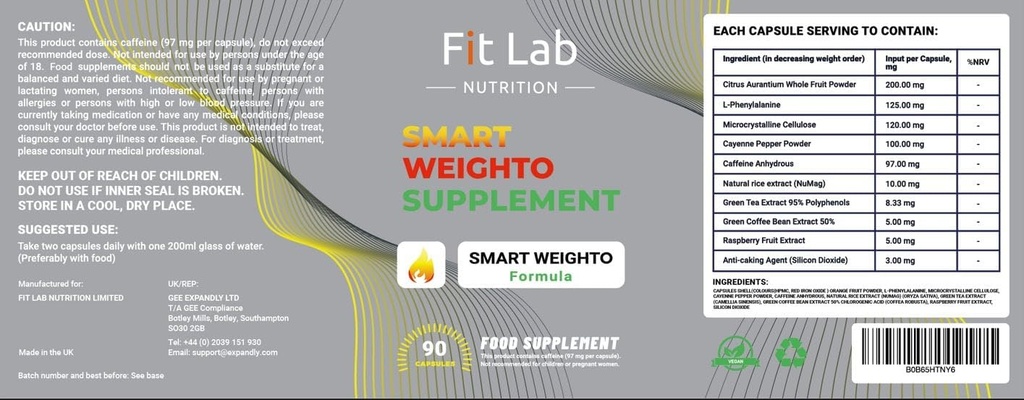Fit Lab - Smart Weighto Management, complément alimentaire - 90 capsules - Suppléments végétaliens, halaux et végétariens pour les femmes et les hommes - 45 jours d'approvisionnement - Gym Essentials