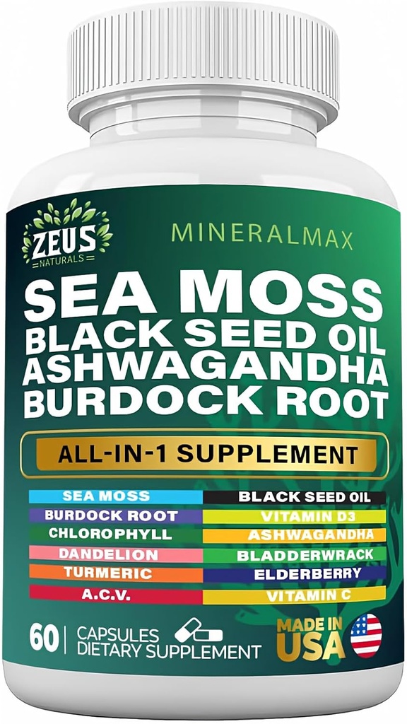 Moss de mer 3000mg Huile de graines noires 2000mg Racine de dard 1000mg Bladderwrack 1000mg Turmère 1000mg Ashwagandha 1000mg - Elderberry, VIT C, VIT D3, Manuka, vinaigre de cidre (60 Nombre)