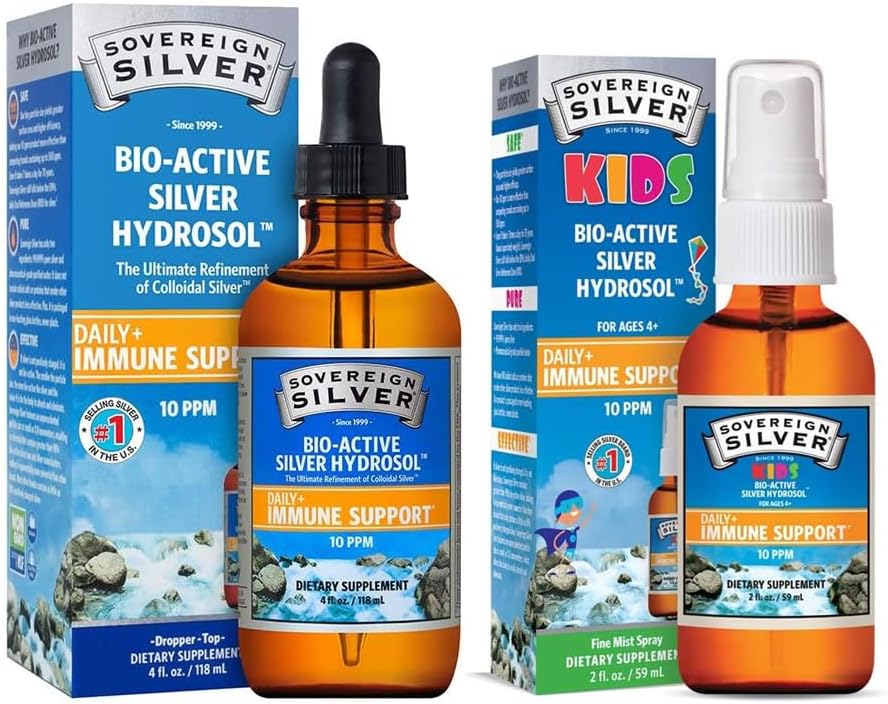 Ensemble familial d'hydrosols en argent bioactif souverain – Hydrosol en argent bioactif pour le soutien immunitaire – goutte à goutte, 4 oz + liquide d'hydrosol en argent bioactif pour le soutien immunitaire pour les enfants – Fine Mist, 2 oz
