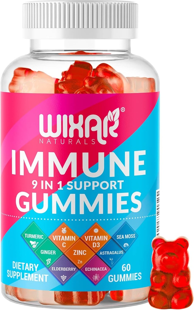 Gommies de soutien immunitaire 9 en 1 avec baies aînées, vitamine C et D, zinc, curcuma, gingembre, échinacée, astragale et mousse de mer pour supplément d'immunité - 60 Gommies