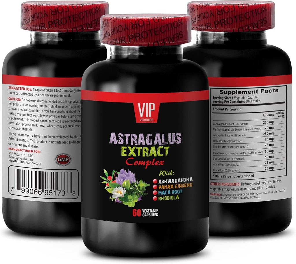 complexe astragalus - ASTRAGALUS EXTRACT COMPLEX avec Ashwagandha, Panax ginseng, Astragalus, Maca - capsules de basilic sainte, support immunitaire astragalus, capsules d'extrait astragalus 1 flacon 60 capsules