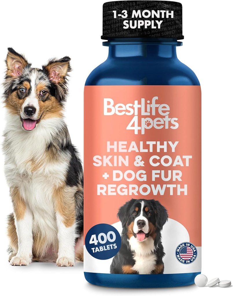Supplément naturel de peau et de manteau pour chiens, grands et petits, anti démangeaisons pour la peau sèche, la ruche, l'allergie ou l'irritation, réduit la couverture, les pellicules et soutient la croissance des cheveux de chien, 400 petites pilules